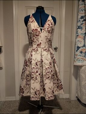 Dress The Population Sparkly Floral V-Neck Ivory and Burgundy Dress
